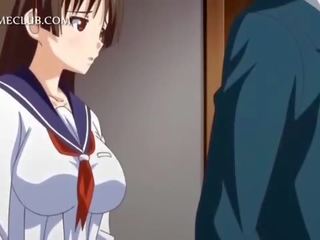 Anime sweetheart in uniform blowing large dick